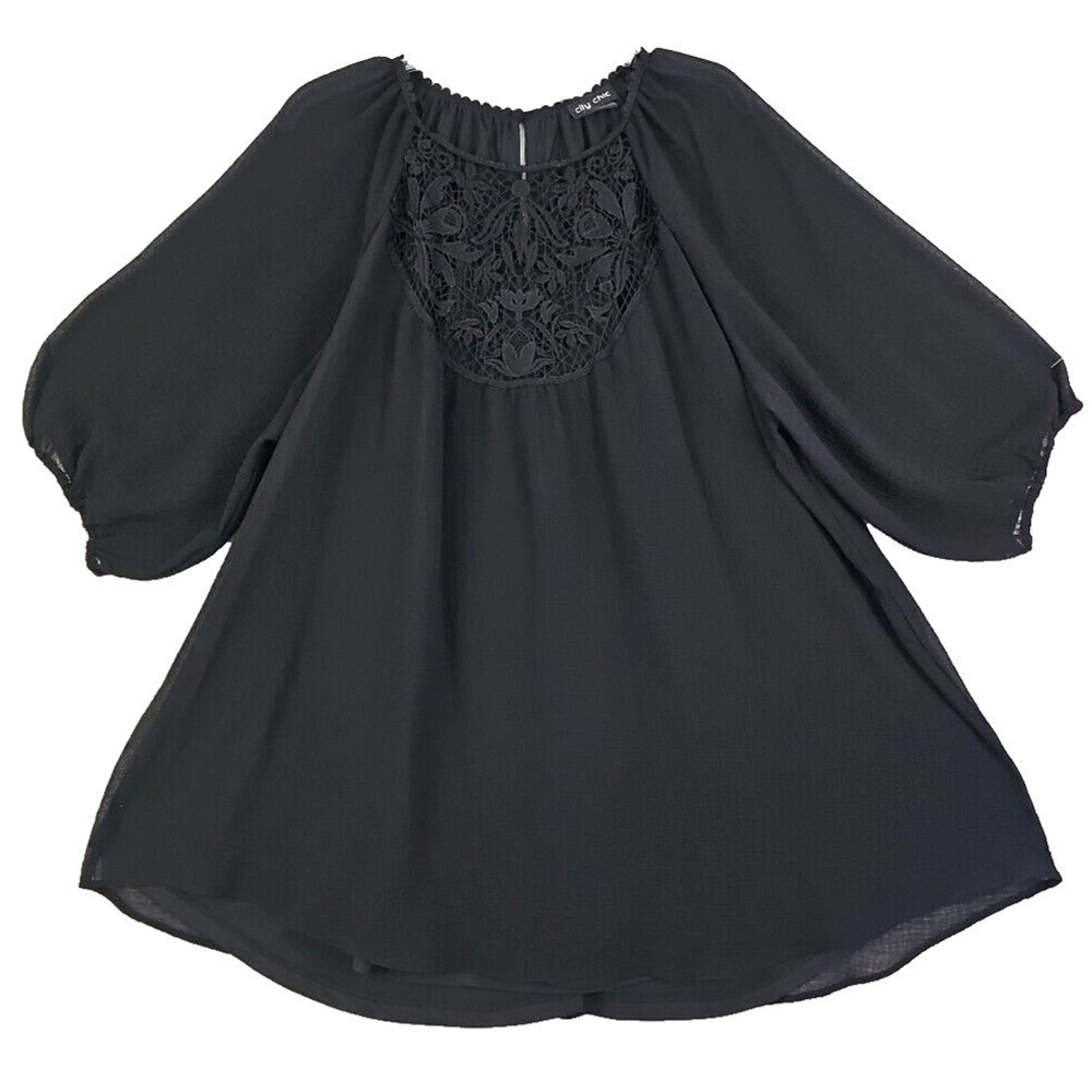CITY CHIC ~Woman Size XL/22~ Black Lace Breeze Top Blouse Short Sleeve Balloon.